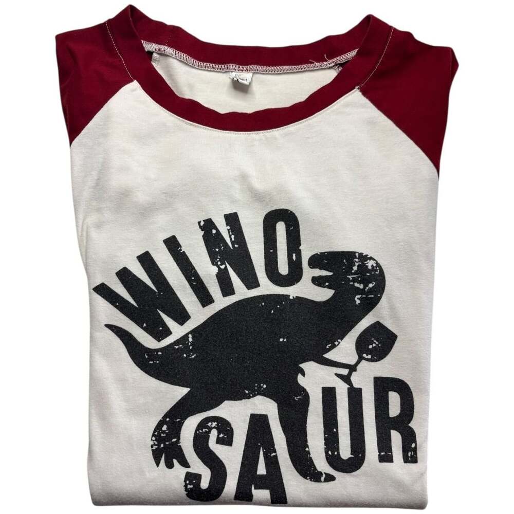 Fashion Classic Fashion Wino Saur Dinosaur Wine Graphic Raglan T-Shirt Size S/M - Picture 7 of 7